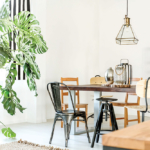 73044246 – bright dining room with table, chairs, bookshelf and green plant